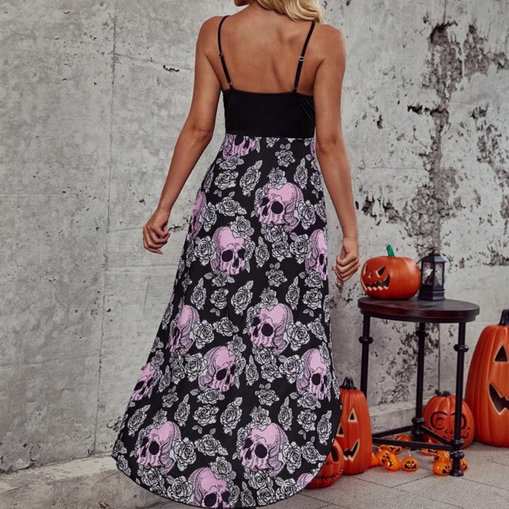 Hi low dress gothic gals black purple and white skull Gothic edgy dress